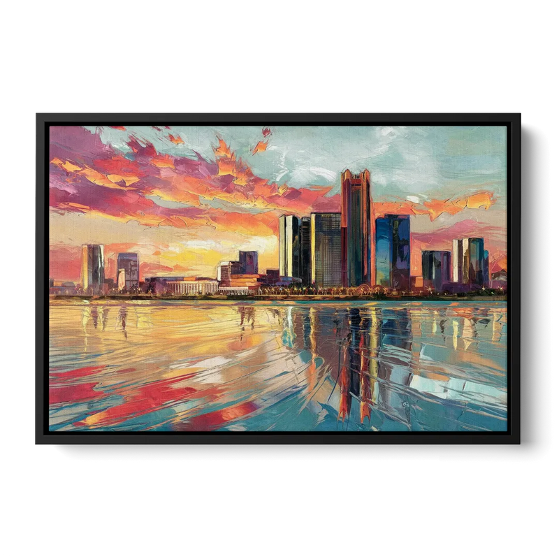 Detroit Skyline At Sunset - Black Frame Canvas