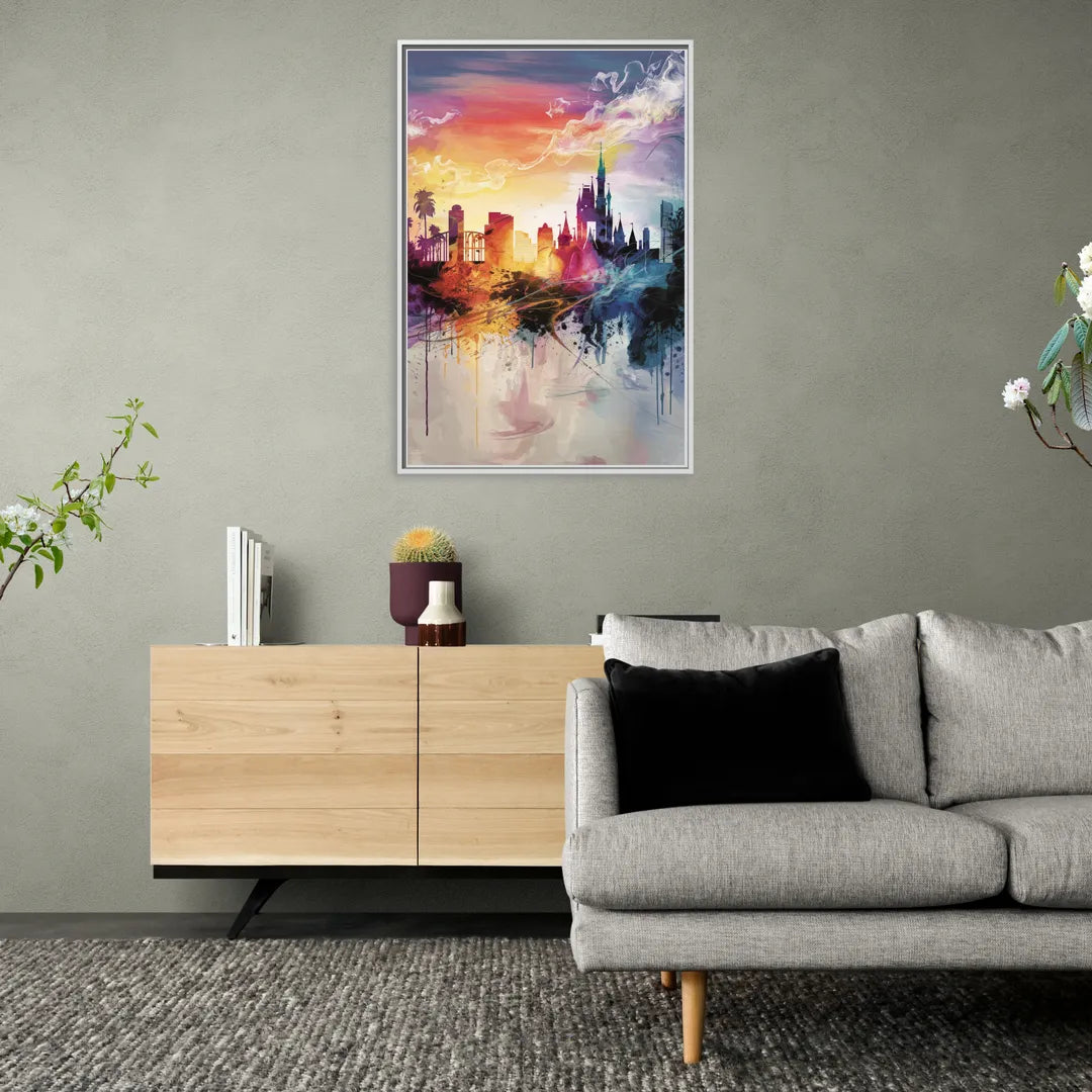 Orlando Skyline at Sunset - Living Room White Frame Canvas