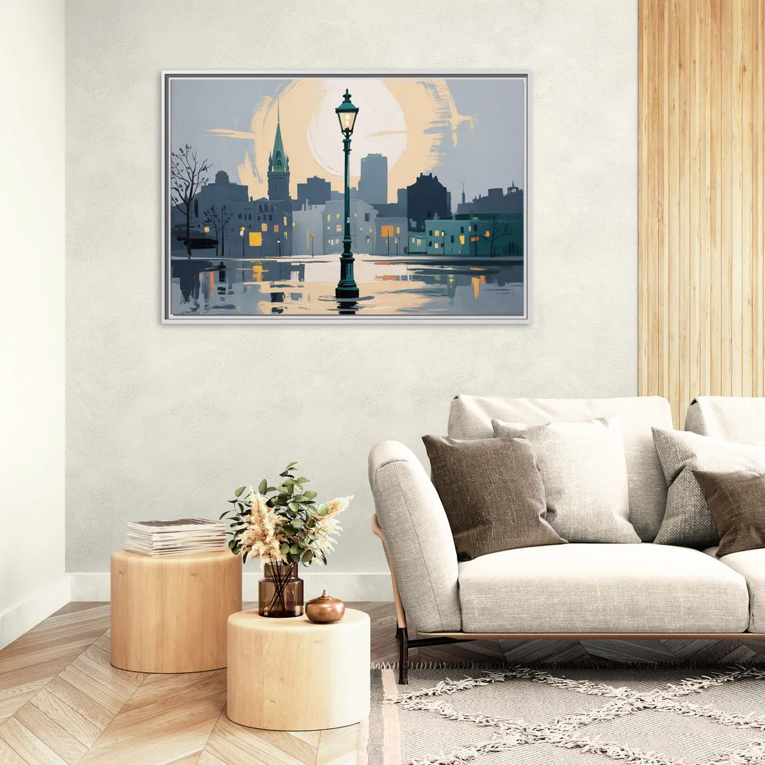 Quebec City Street Lamps - Living Room White Frame Canvas