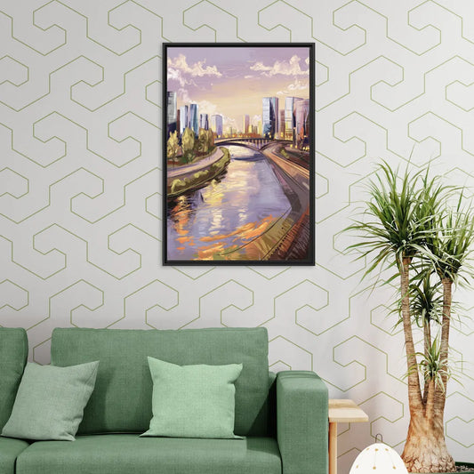 Riverside Urban Landscape - Living Room Black Frame Canvas