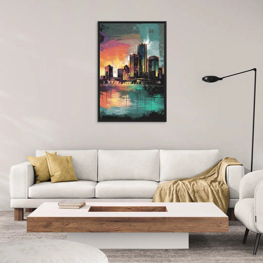 Detroit Waterfront Scene - Living Room Black Frame Canvas