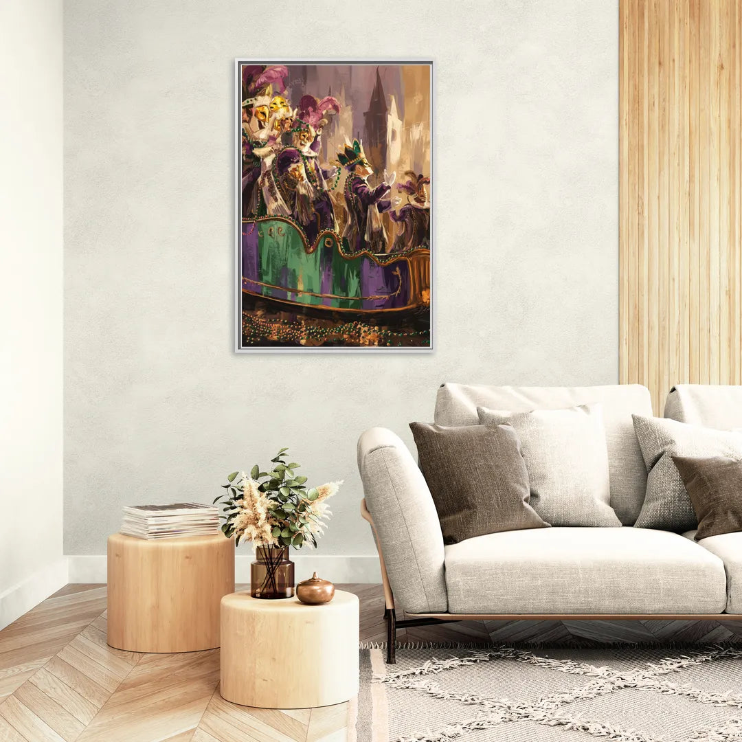 New Orleans Mardi Gras Parade - Living Room White Frame Canvas