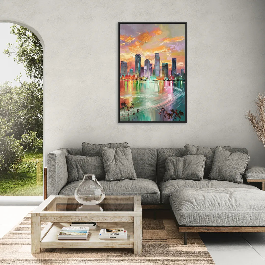 Tampa Skyline at Sunset - Living Room Black Frame Canvas