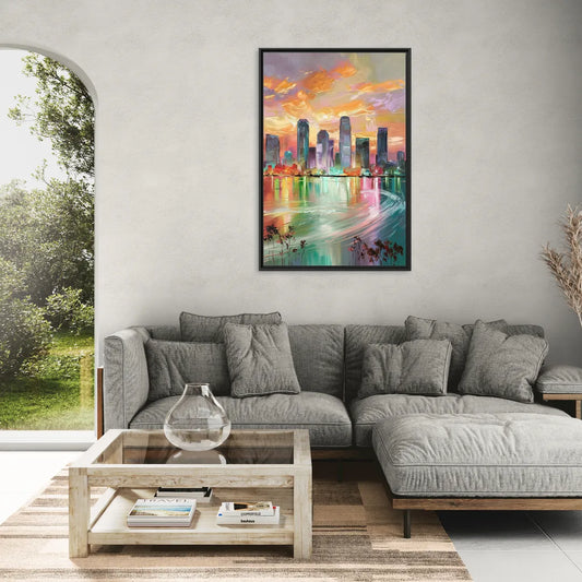 Tampa Skyline at Sunset - Living Room Black Frame Canvas