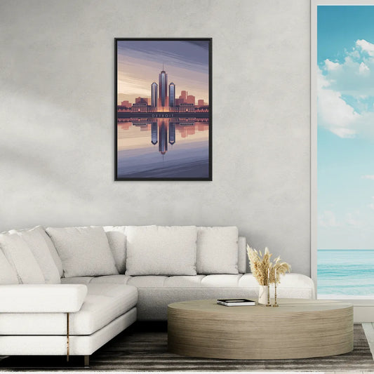 Detroit Skyline Reflections - Living Room Black Frame Canvas