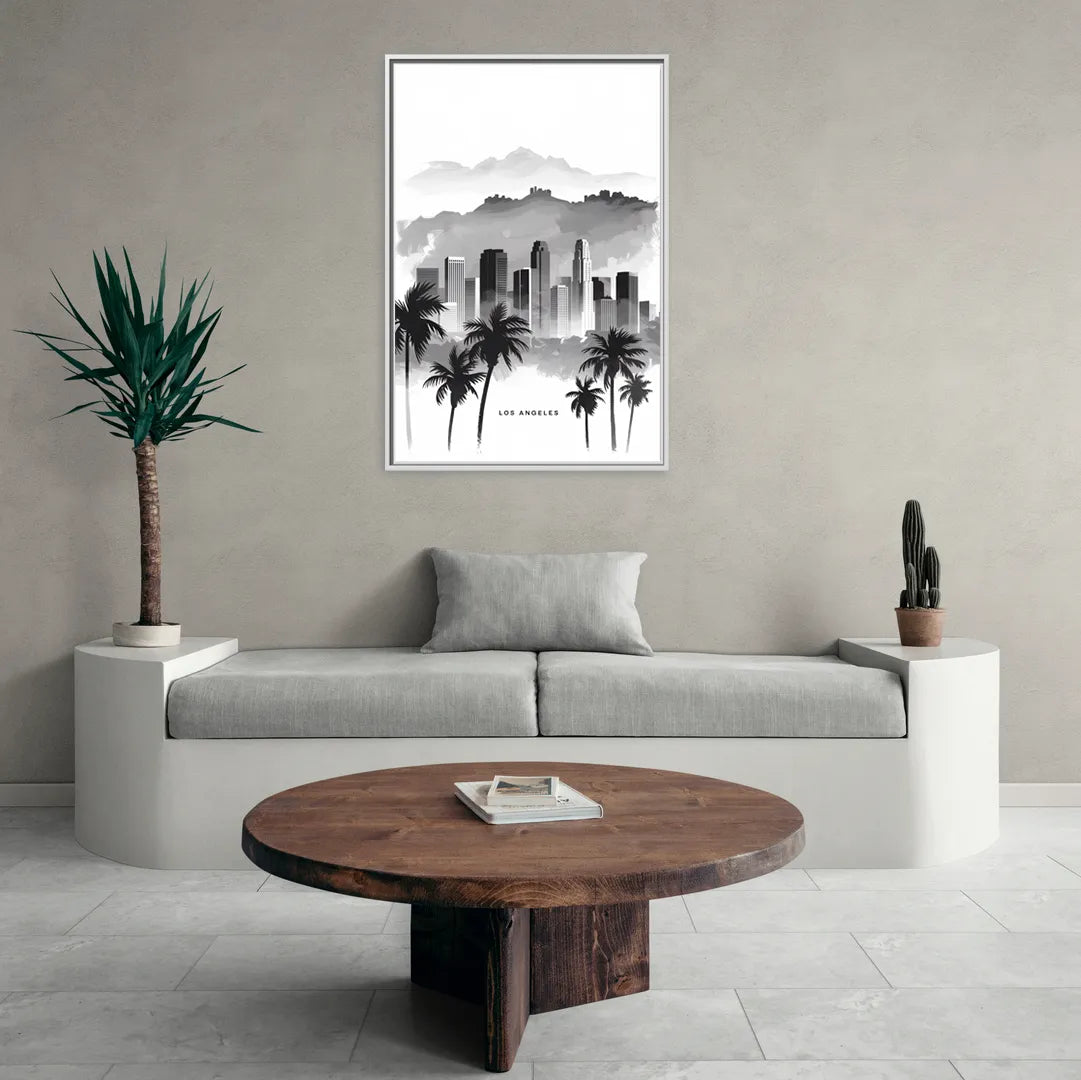 Los Angeles Black and White Cityscape - Living Room White Frame Canvas