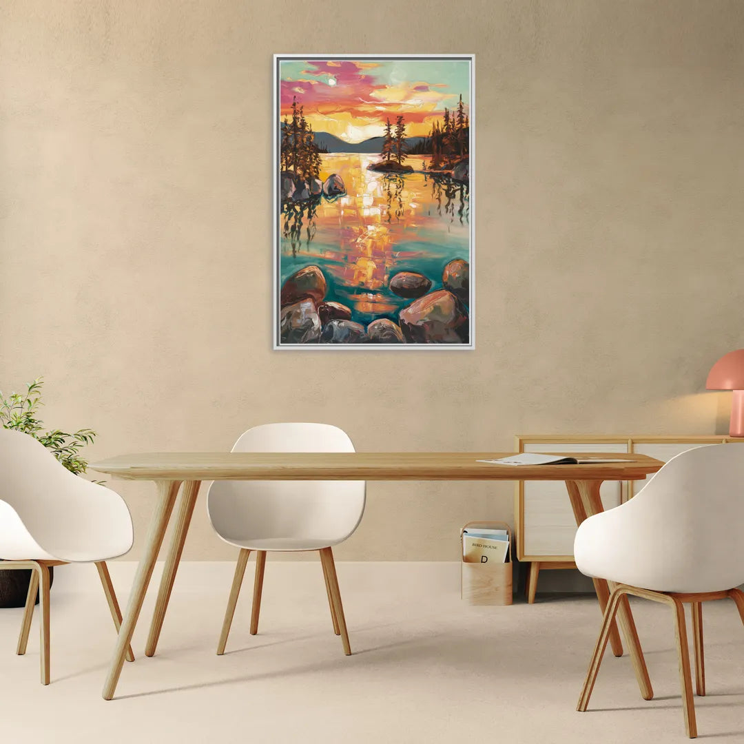 Lake Tahoe Sunset Reflections - Living Room White Frame Canvas