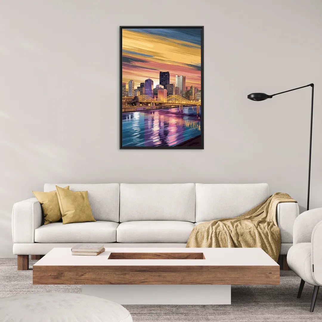 Pittsburgh Skyline Reflection - Living Room Black Frame Canvas