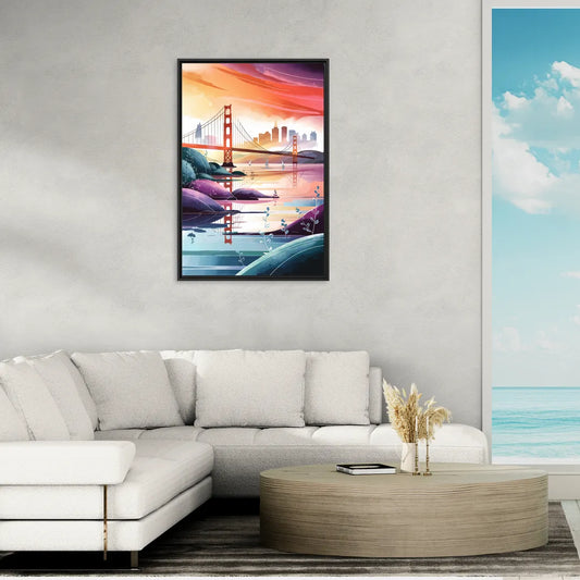 San Francisco Golden Gate Reflection - Living Room Black Frame Canvas