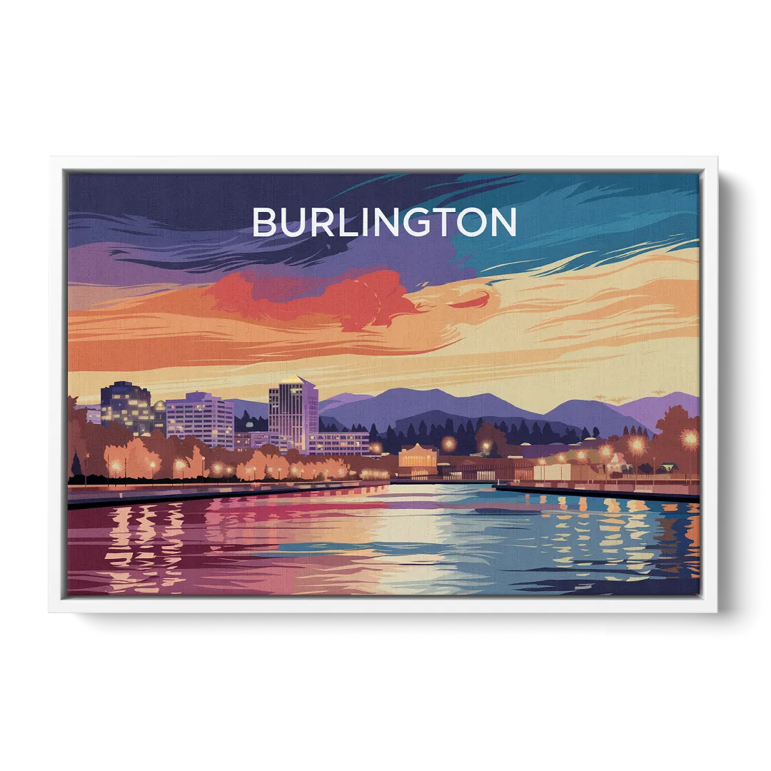 Burlington Skyline At Sunset - White Frame Canvas