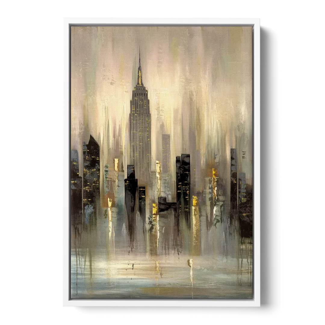 New York City Skyline in Fog - White Frame Canvas