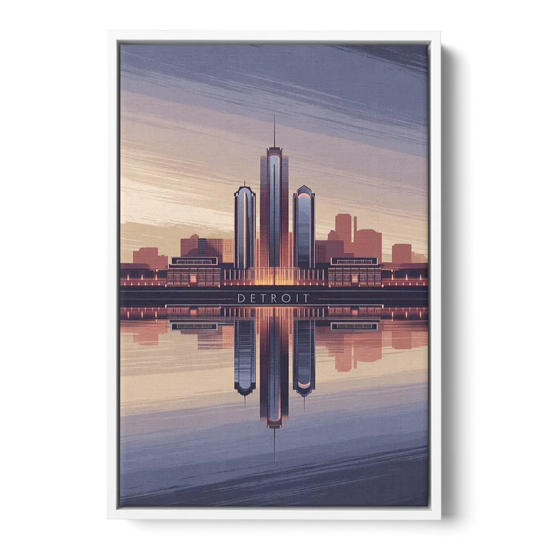 Detroit Skyline Reflections - White Frame Canvas