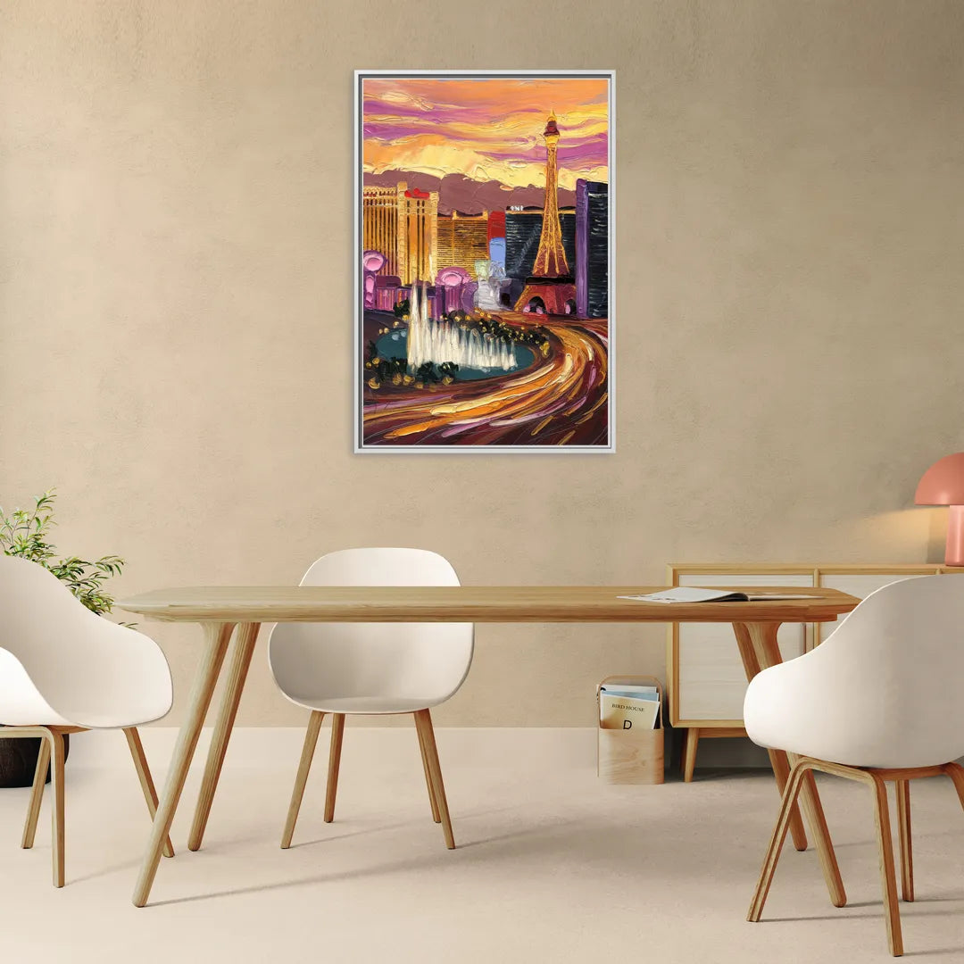 Las Vegas Skyline at Sunset - Living Room White Frame Canvas