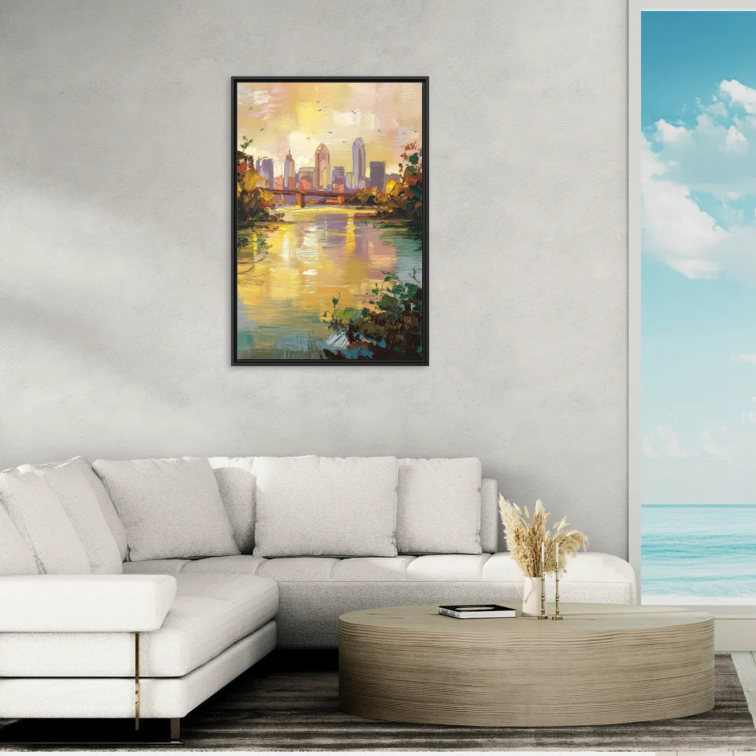 Louisville Ohio River View - Living Room Black Frame Canvas