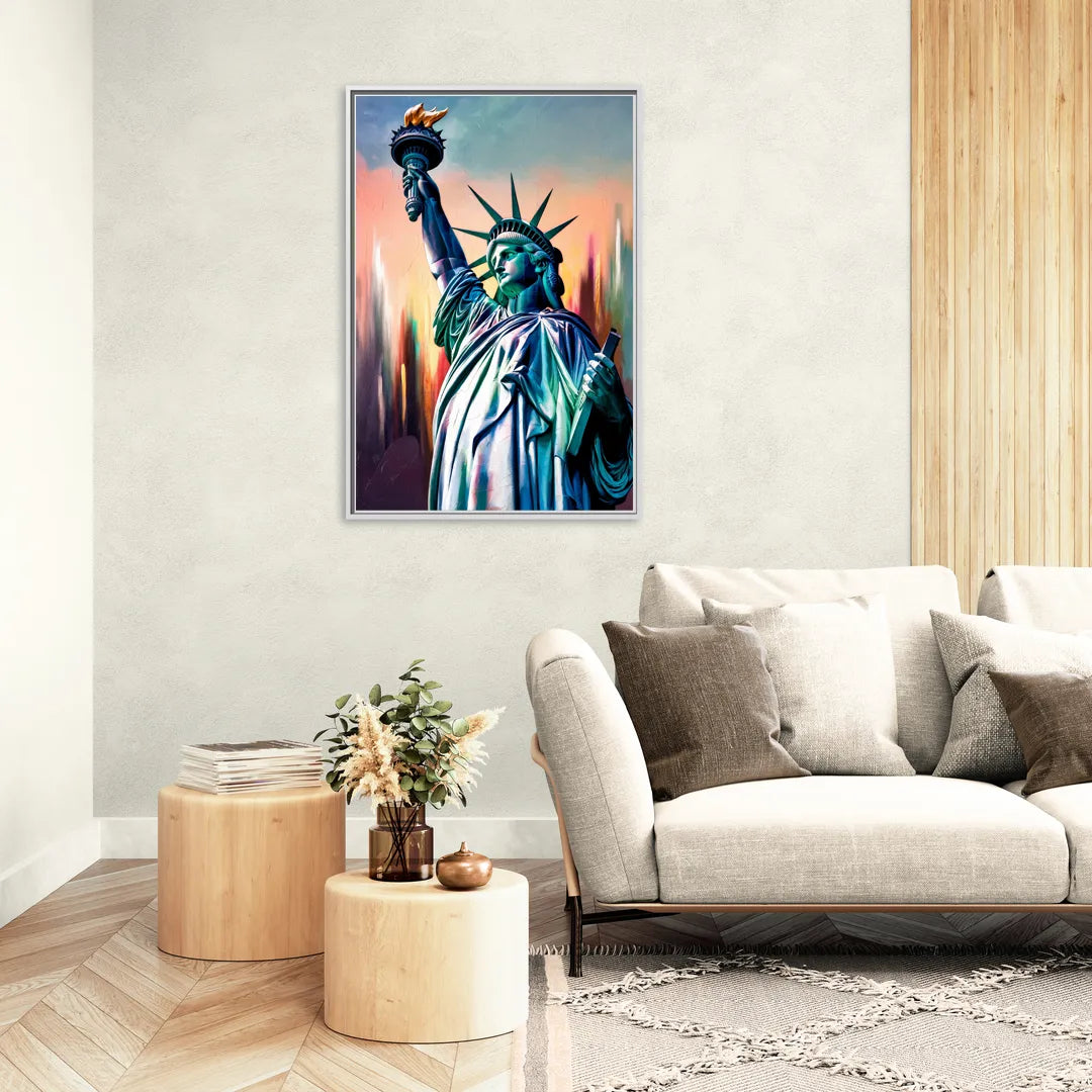 New York City Statue of Liberty Closeup Sky - Living Room White Frame Canvas