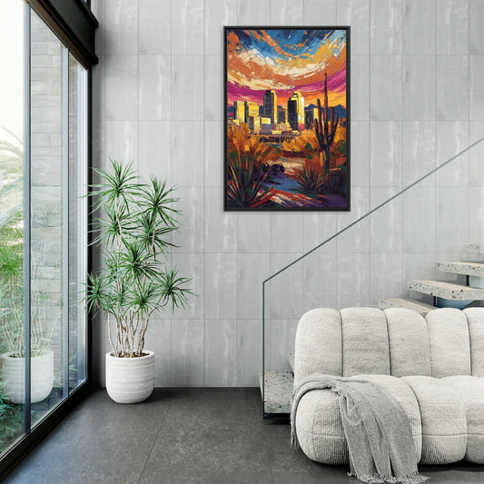 Phoenix Downtown Cityscape - Living Room Black Frame Canvas