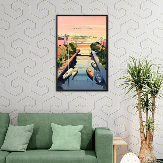 Mackinac Island Sunrise Harbor - Living Room Black Frame Canvas