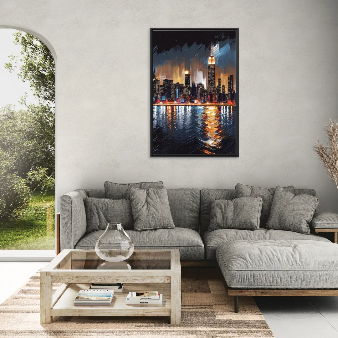 New York City Skyline by Nightfall Hudson - Living Room Black Frame Canvas