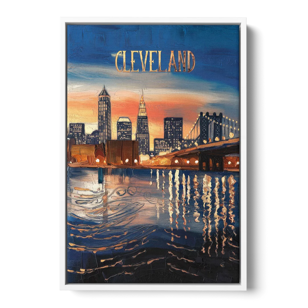 Cleveland Cityscape Panoramic - White Frame Canvas