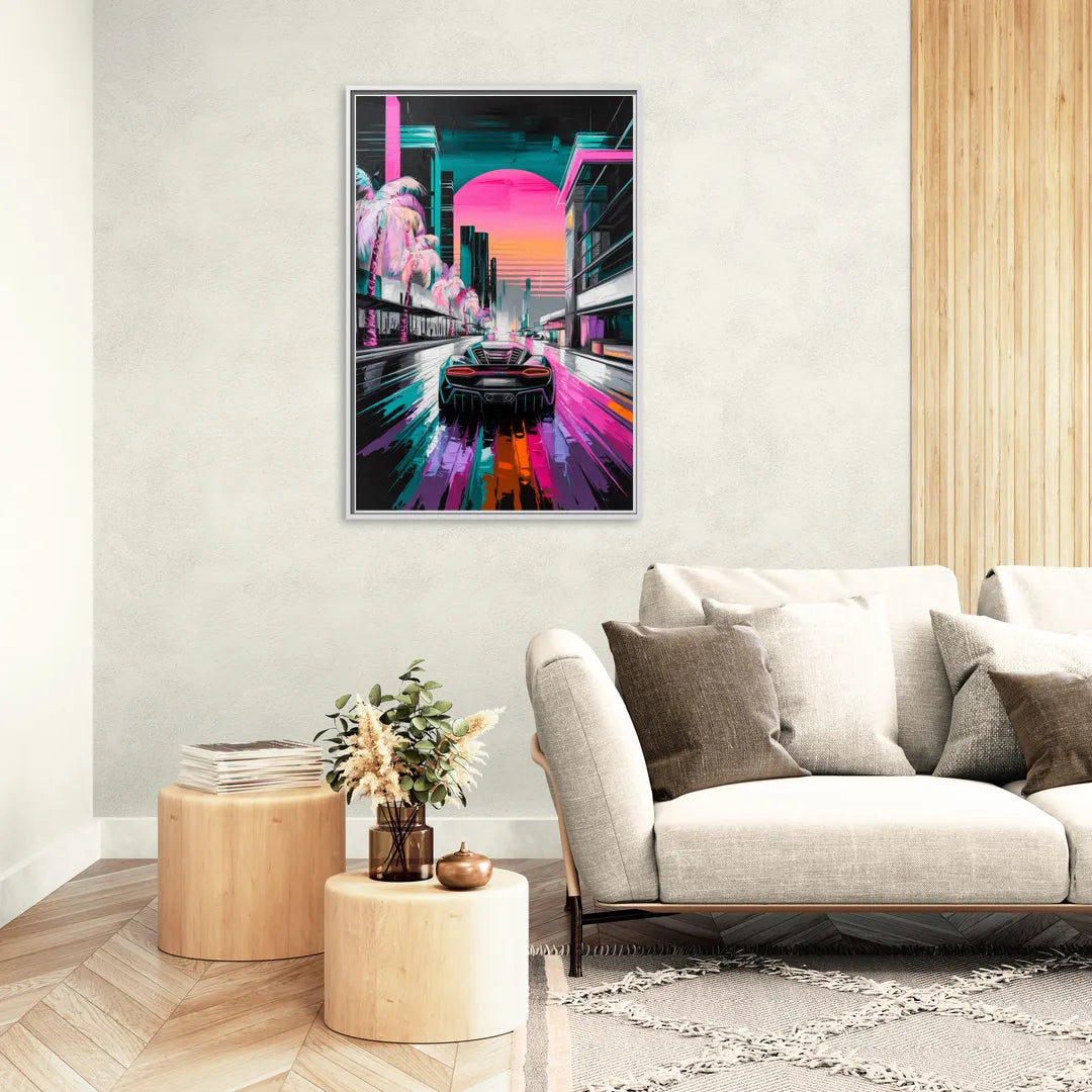 Miami Vice Neon Nights - Living Room White Frame Canvas