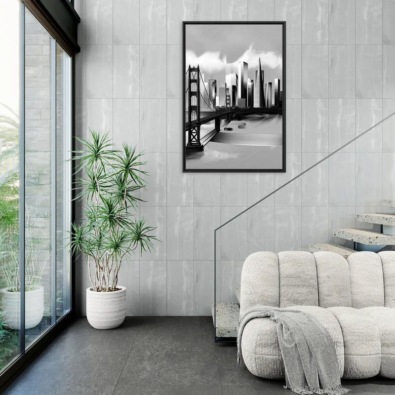 San Francisco Black and White Skyline - Living Room Black Frame Canvas