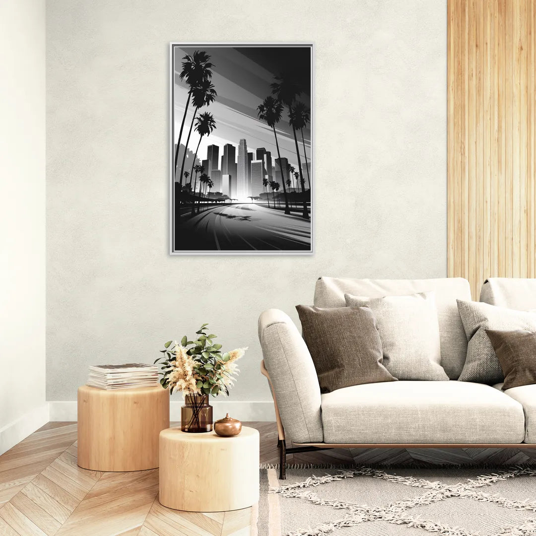 Los Angeles Black and White Cityscape Monochrome - Living Room White Frame Canvas