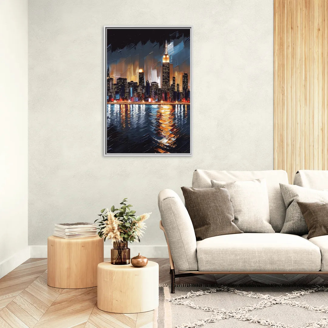 New York City Skyline by Nightfall Hudson - Living Room White Frame Canvas