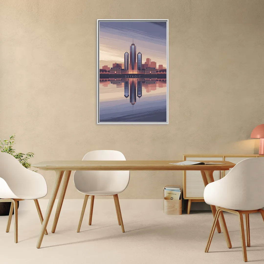 Detroit Skyline Reflections - Living Room White Frame Canvas
