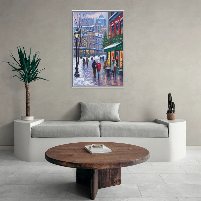 Quebec City Christmas Lights - Living Room White Frame Canvas
