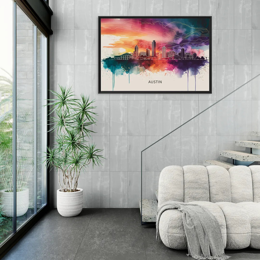 Austin Skyline Sunset Art - Living Room Black Frame Canvas