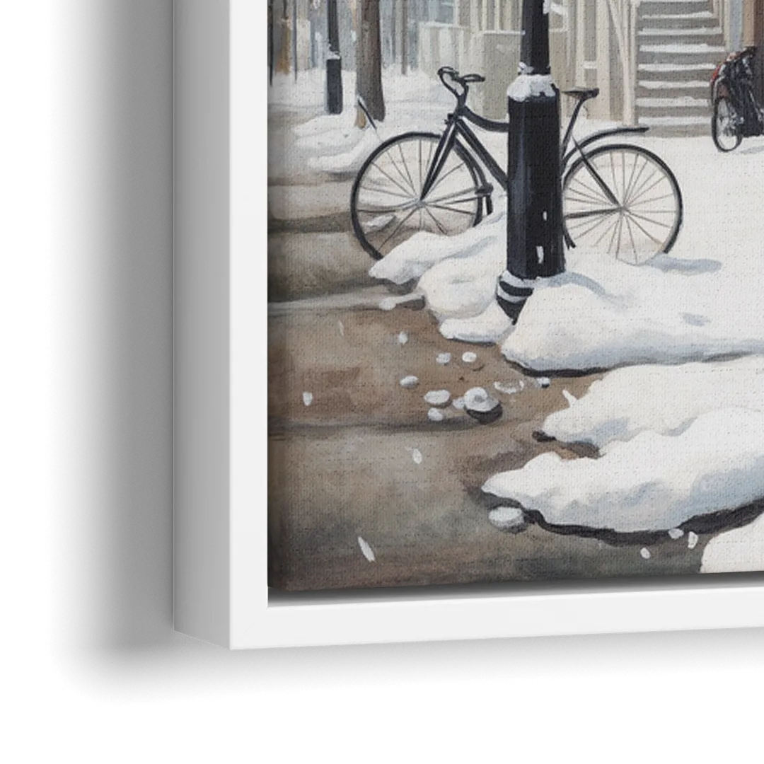 Montreal Snowy Streets - Close-Up White Frame Canvas