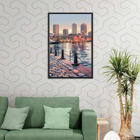 Boston Waterfront Serenity - Living Room Black Frame Canvas