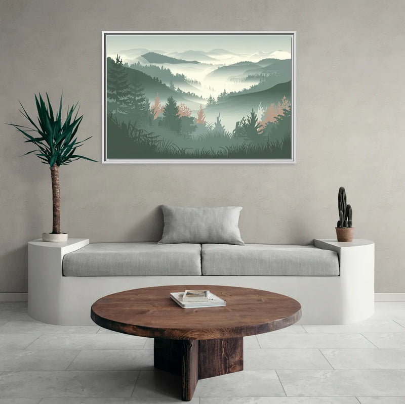 Gatlinburg Misty Mountain Landscape - Living Room White Frame Canvas