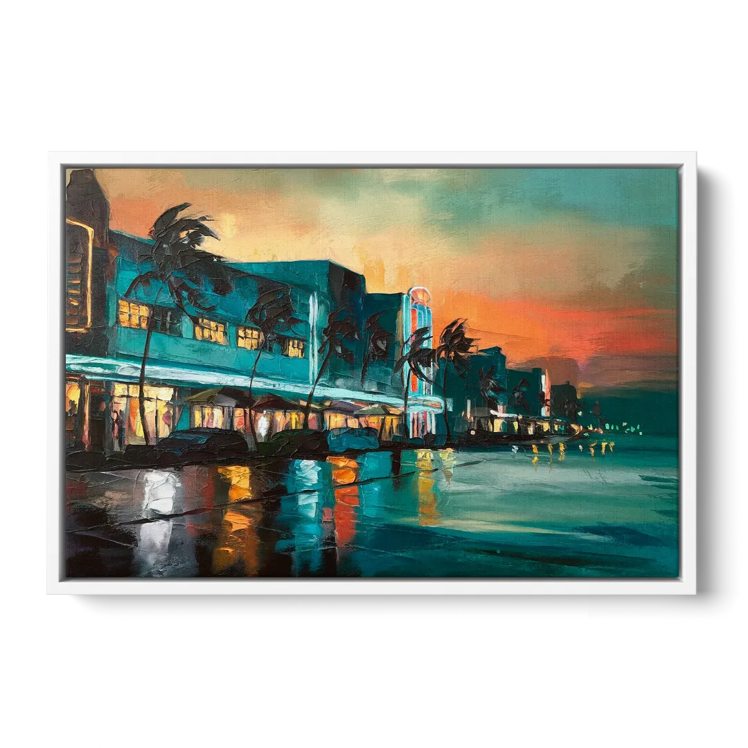 Miami Ocean Drive Lights - White Frame Canvas