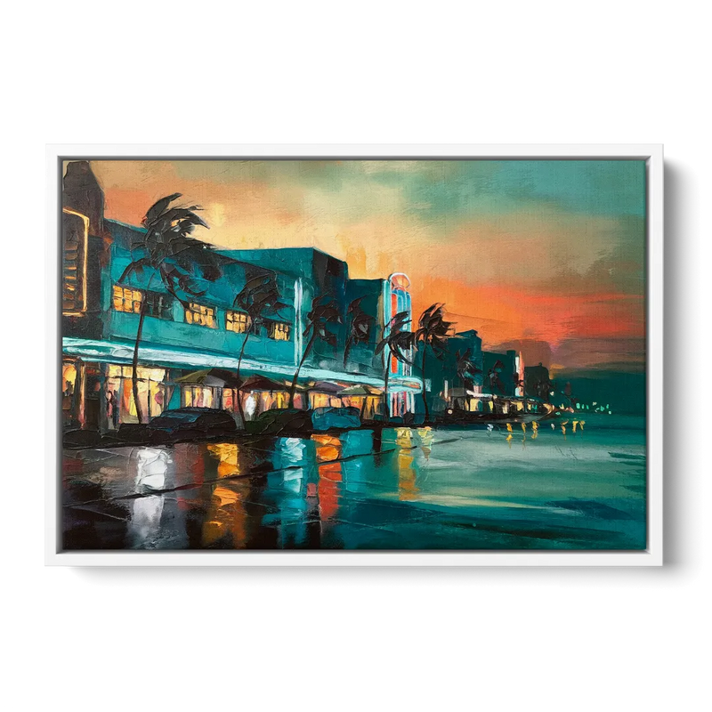 Miami Ocean Drive Lights - White Frame Canvas