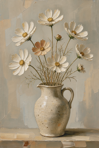 Flowers in Vase Painting with Cosmos and Speckled Jug - Canvas Wall Art
