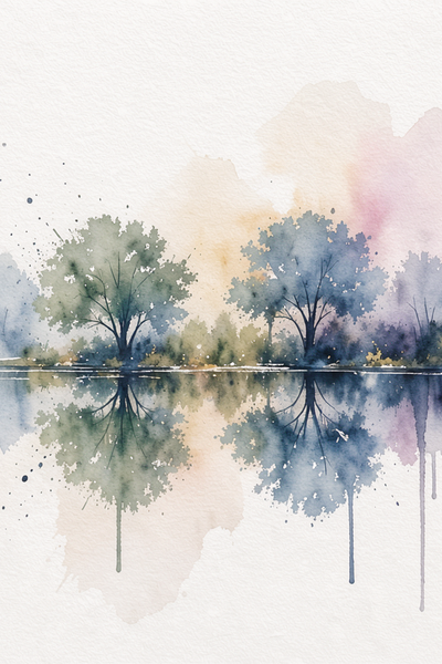 Misty Lake Painting with Mirrored Trees - Canvas Wall Art