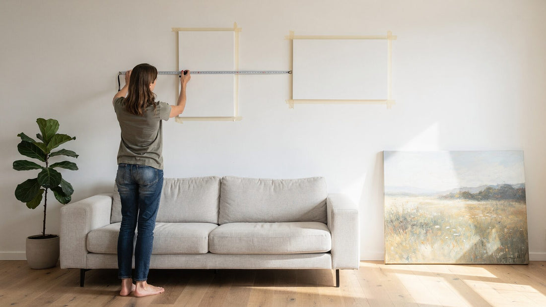 Woman measuring a living room wall with tape outlines to compare canvas sizes above a linen sofa