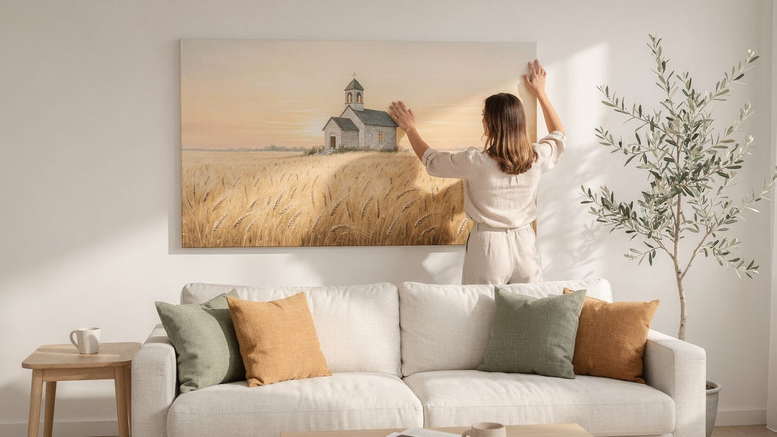 Woman seen from behind straightening a large chapel landscape canvas above a cream sofa in a bright living room