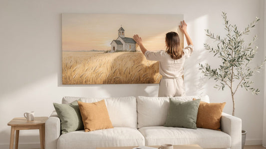 Woman seen from behind straightening a large chapel landscape canvas above a cream sofa in a bright living room