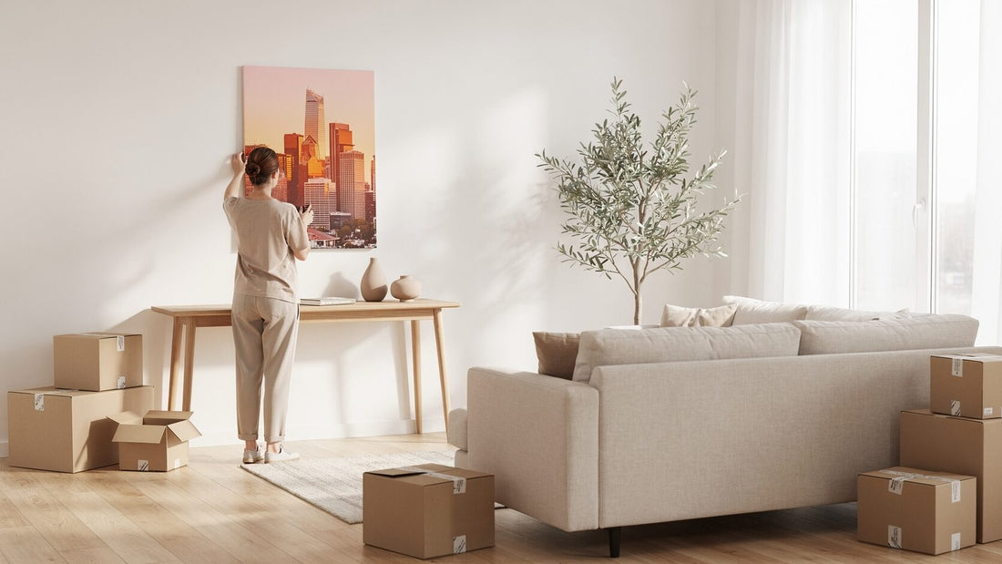 Woman seen from behind hanging a city skyline canvas above an oak console in a bright new apartment