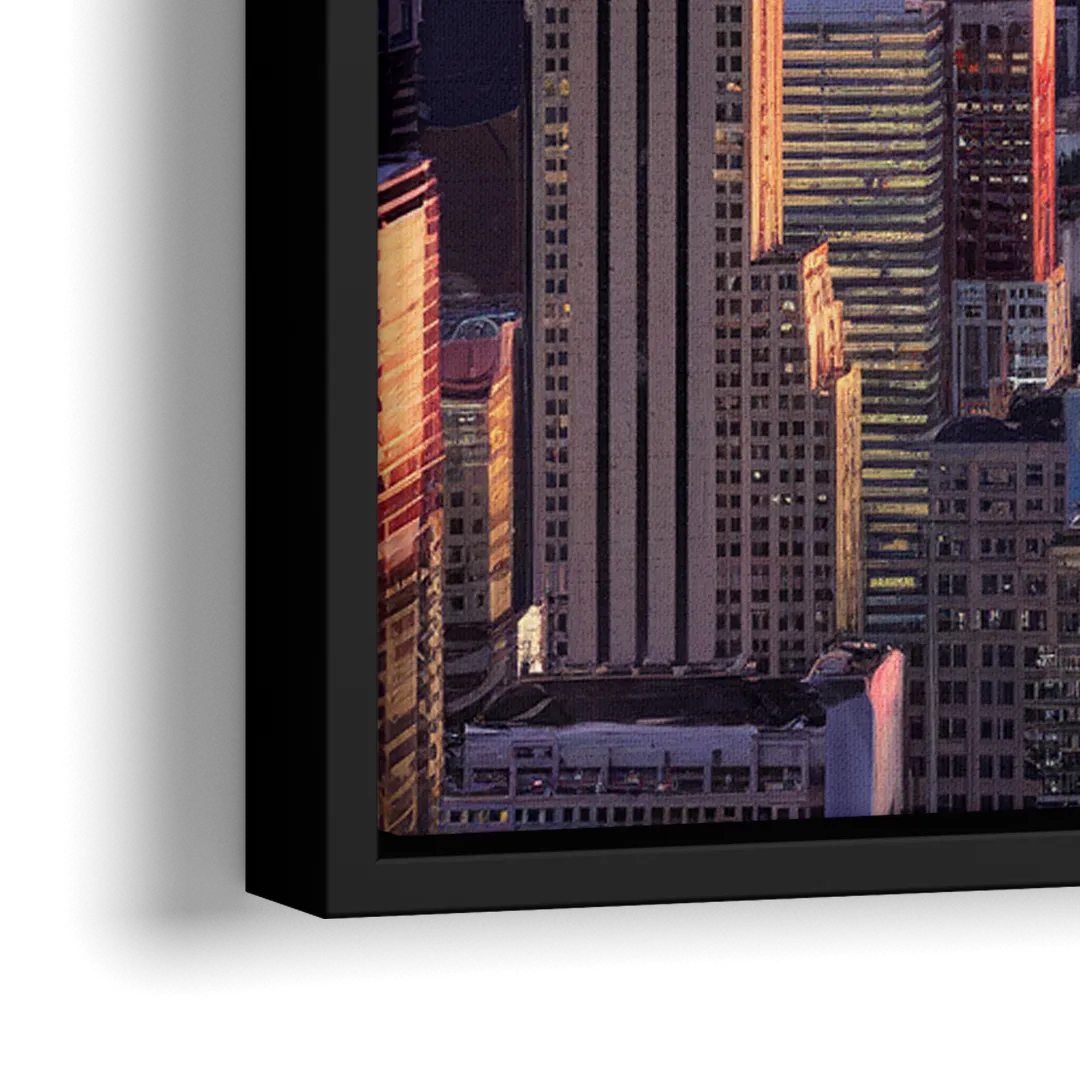 New York City Sunset Over Skyline - Close-Up Black Frame Canvas
