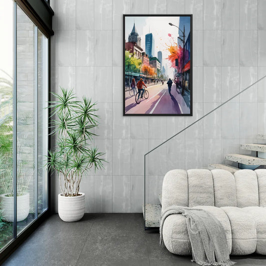 Montreal Street Life - Living Room Black Frame Canvas