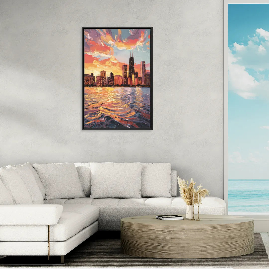 Chicago Sunset Over the Lake - Living Room Black Frame Canvas