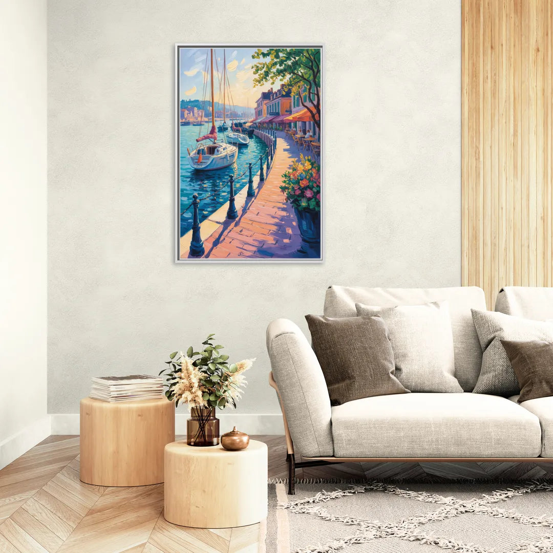 Old Port Waterfront - Living Room White Frame Canvas