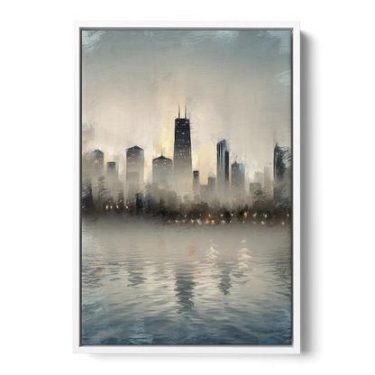 Chicago Skyline in Fog - White Frame Canvas