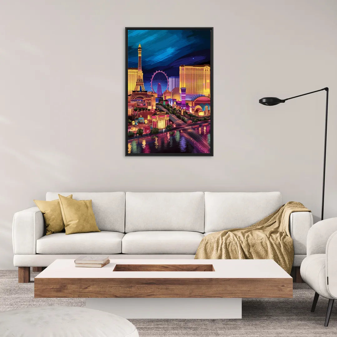Las Vegas Skyline Panorama - Living Room Black Frame Canvas