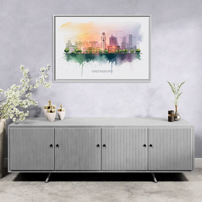 Greensboro Skyline Sunset - Living Room White Frame Canvas