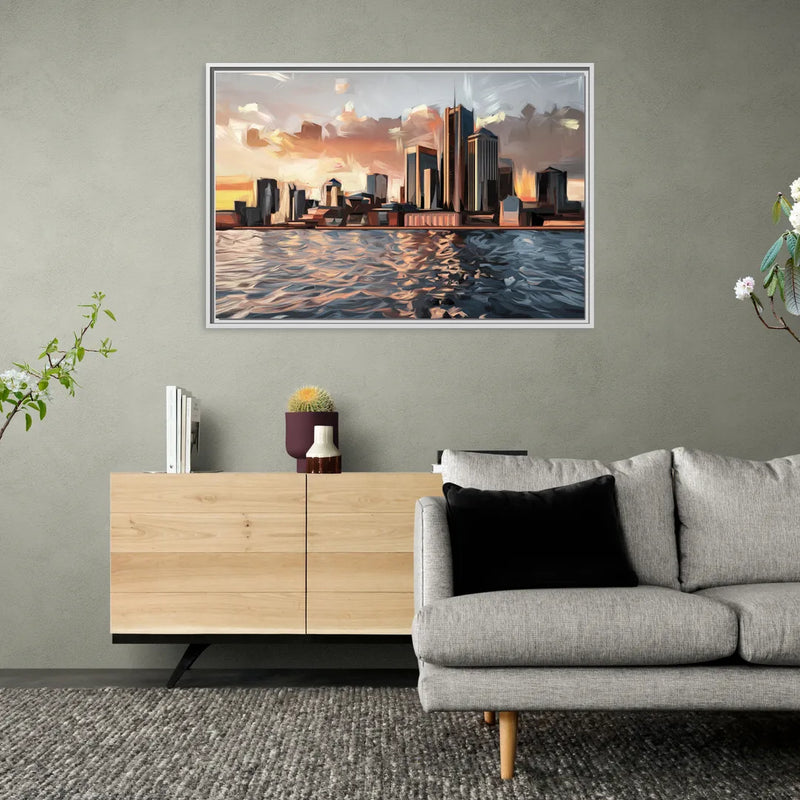 Detroit Cityscape Photography - Living Room White Frame Canvas