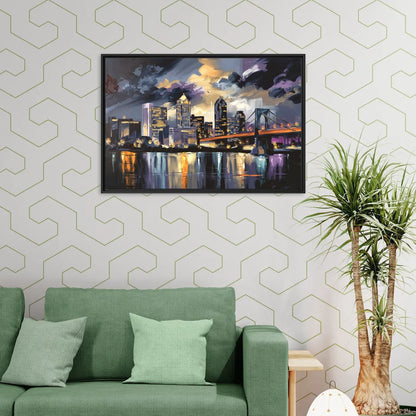Toledo Nighttime Skyline - Living Room Black Frame Canvas